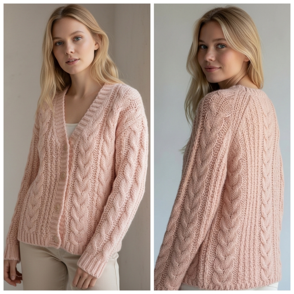 Vintage Italian Hand-Knit Mohair Wool Cable Knit Cardigan Sweater Small  F279 - Picture 4 of 9